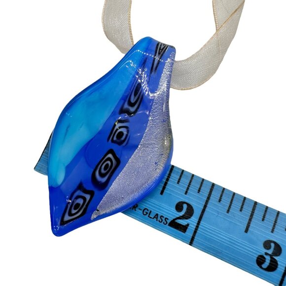 Handcrafted Fused Glass Necklace Earrings Set Blue Abstract Design Sheer Ribbon - Picture 12 of 13